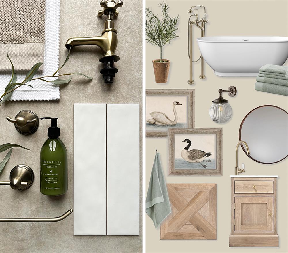 (Left) An inspirational mood board of Victorian bathroom themes, (Right) An inspirational mood board of rustic and farmhouse bathroom themes